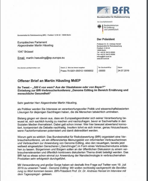 Offener Brief des BfR an das Mitglied des europäischen Parlaments Martin Häusling